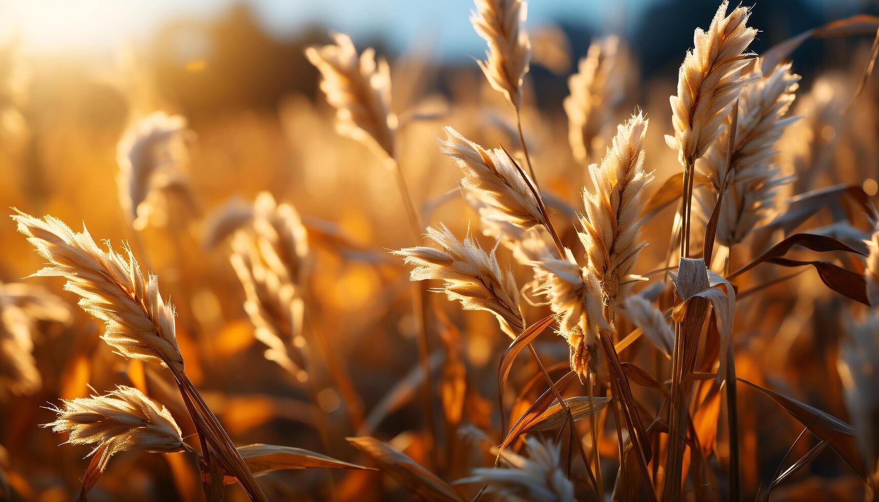 ai gerado pôr do sol sobre uma dourado trigo campo, natureza generoso colheita gerado de ai foto