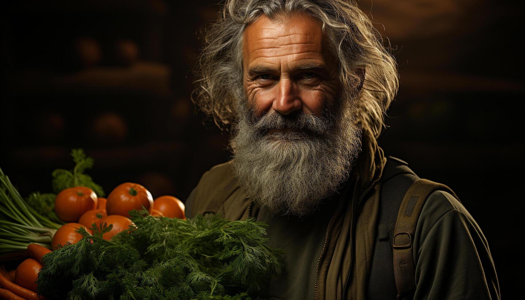 ai gerado 1 Senior homem, ao ar livre, segurando fresco orgânico vegetais, sorridente gerado de ai foto