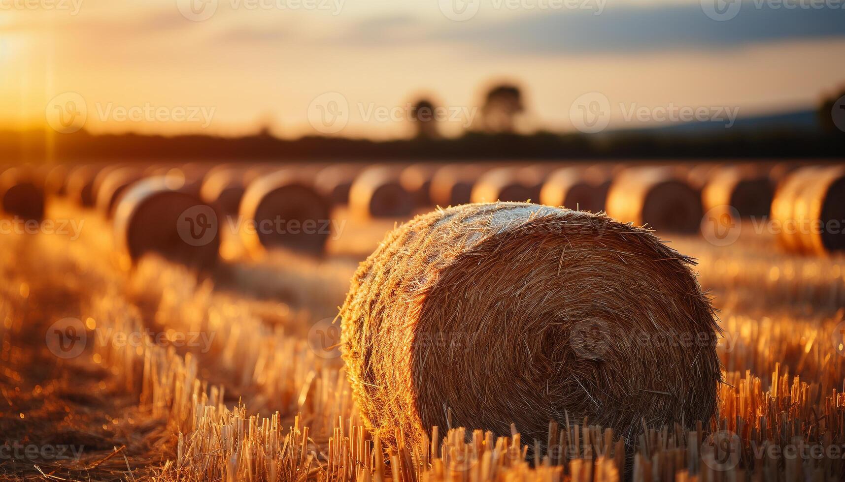 ai gerado pôr do sol sobre uma rural fazenda, colheita dourado trigo ao ar livre gerado de ai foto