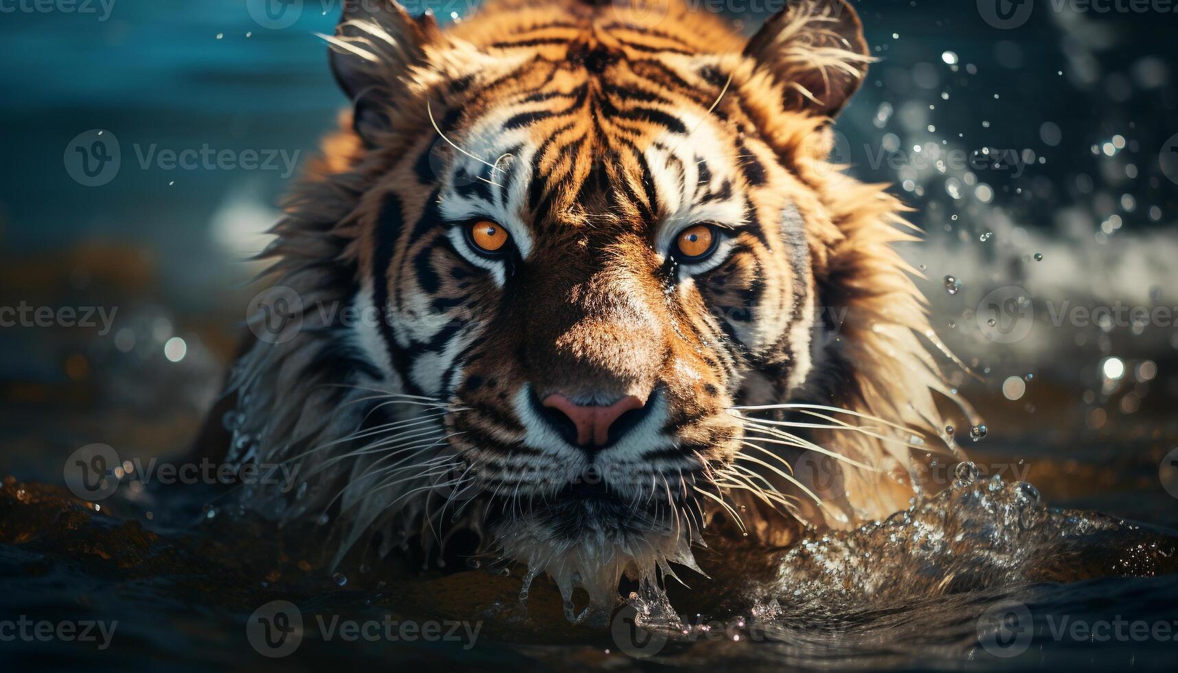 ai gerado majestoso Bengala tigre, feroz caçador, encarando para dentro tranquilo lagoa gerado de ai foto