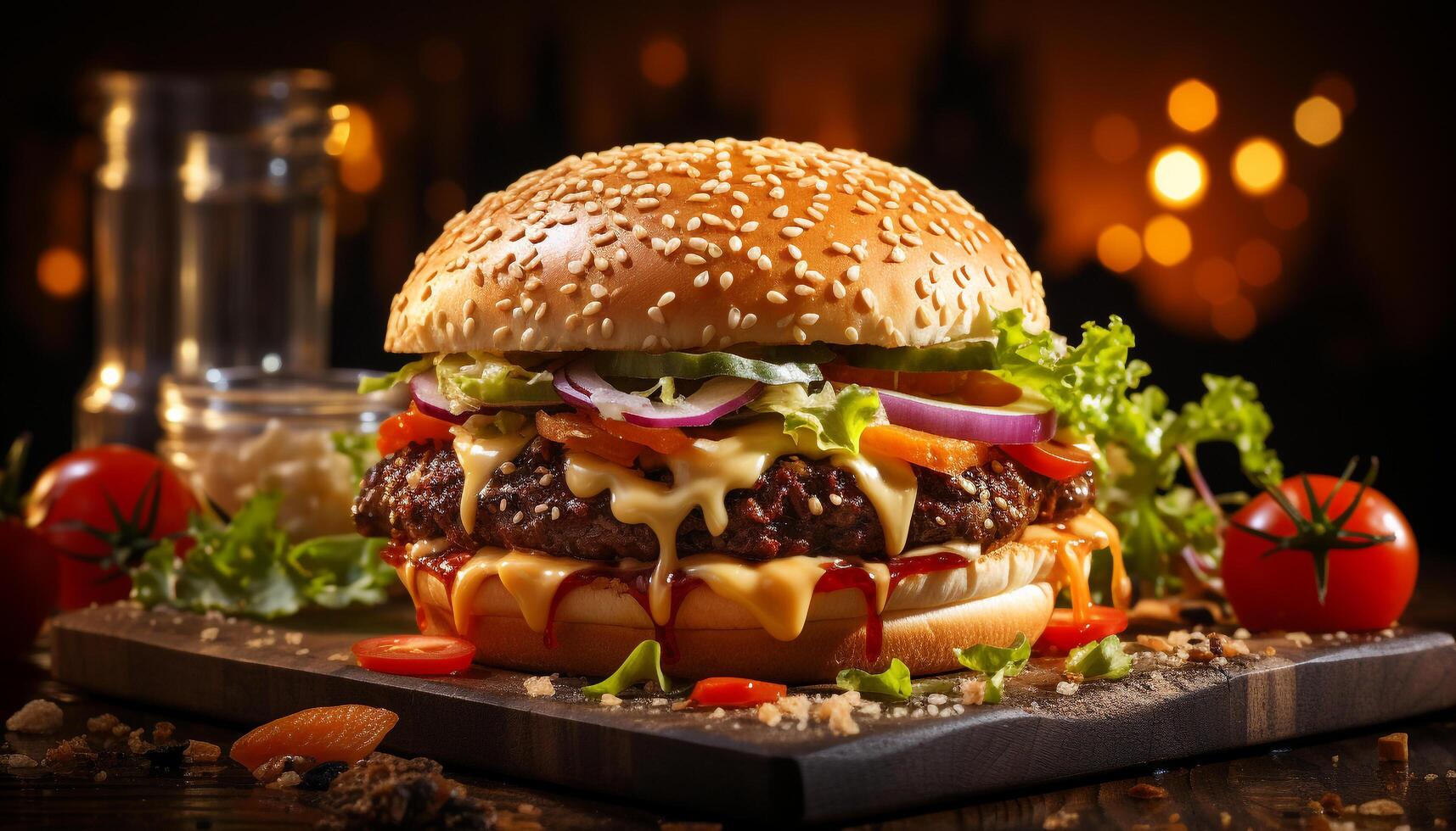 ai gerado grelhado gourmet X-Burger, fresco vegetais, caseiro fritas, americano cultura gerado de ai foto