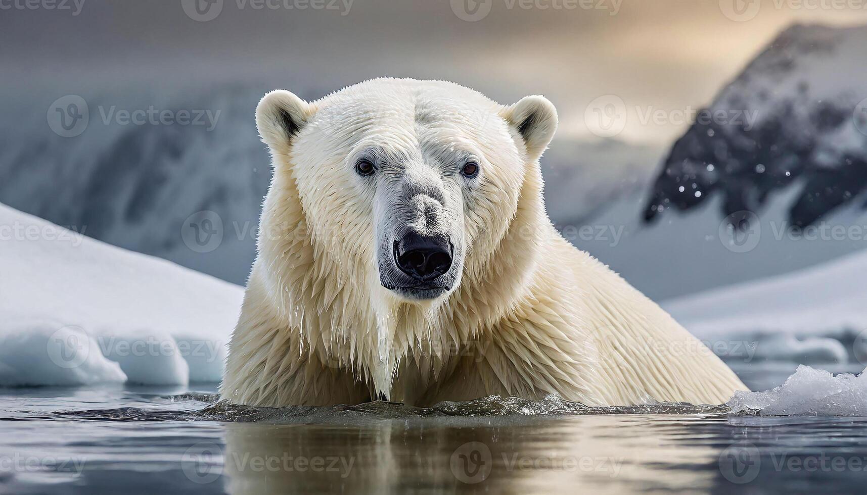 ai gerado branco neve Urso em neve montanhas foto