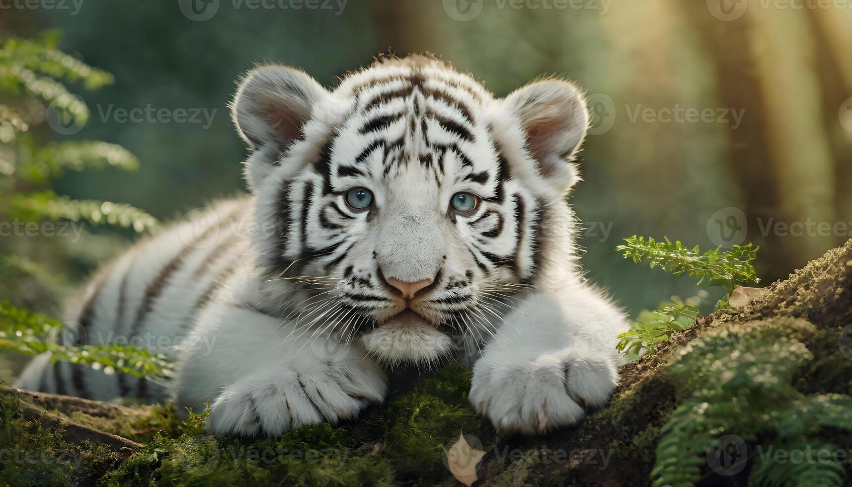 ai gerado recém-nascido bebê branco tigre fechar-se em repouso em Relva foto
