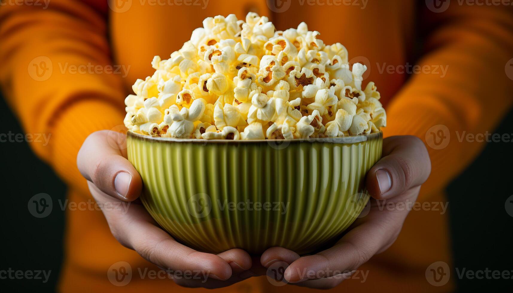 ai gerado jovem adulto segurando uma tigela, desfrutando uma doce lanche gerado de ai foto