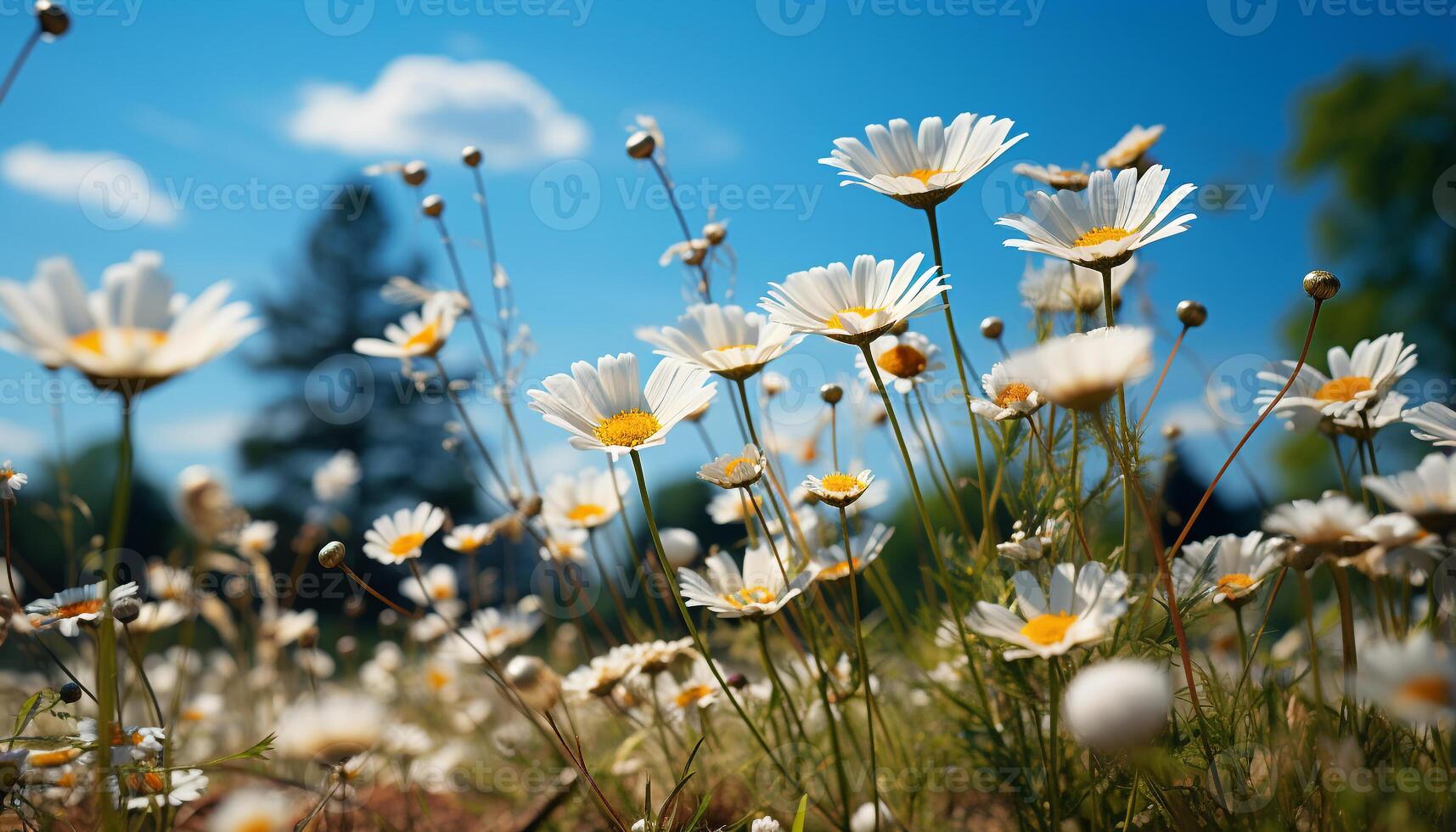 ai gerado vibrante camomila flores iluminar tranquilo Prado dentro verão gerado de ai foto