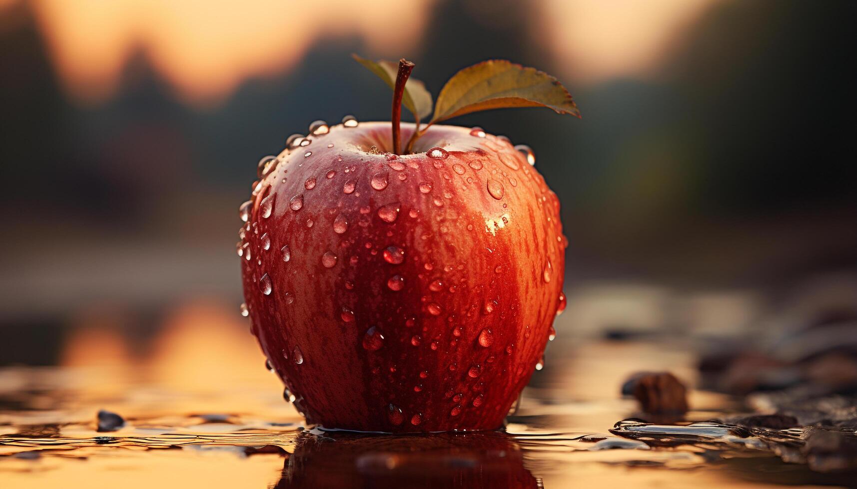ai gerado fresco maçã, molhado com orvalho, reflete natureza saudável Doçura gerado de ai foto