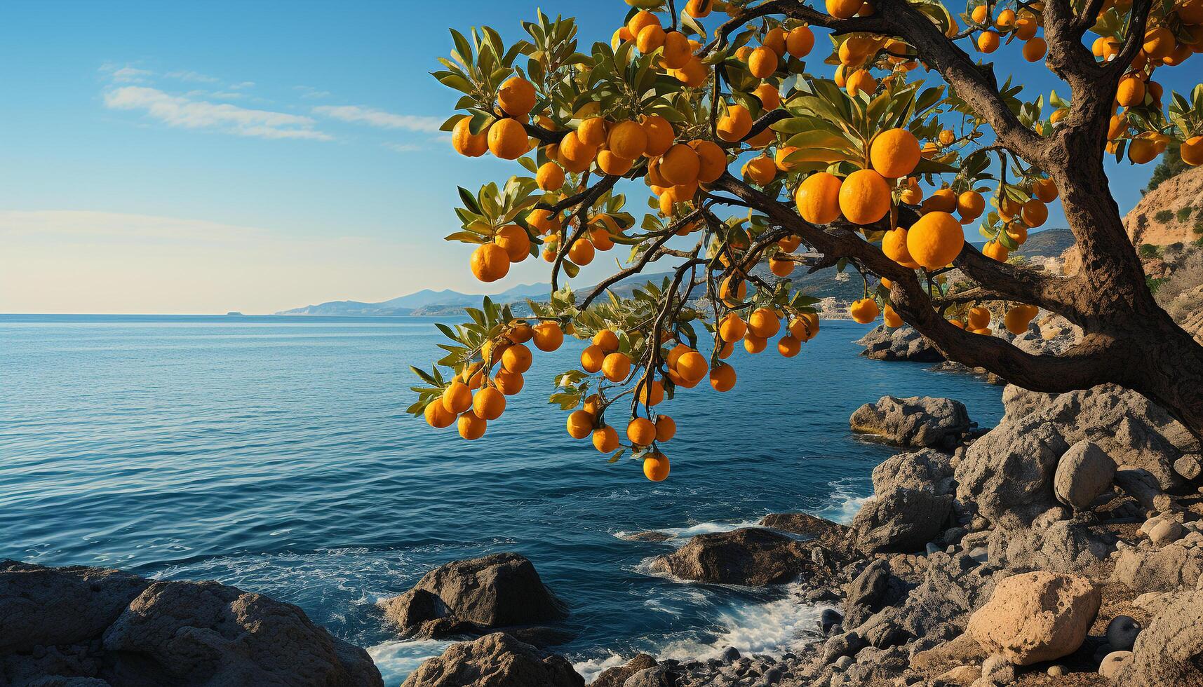 ai gerado frescor do laranja fruta em árvore de a litoral gerado de ai foto