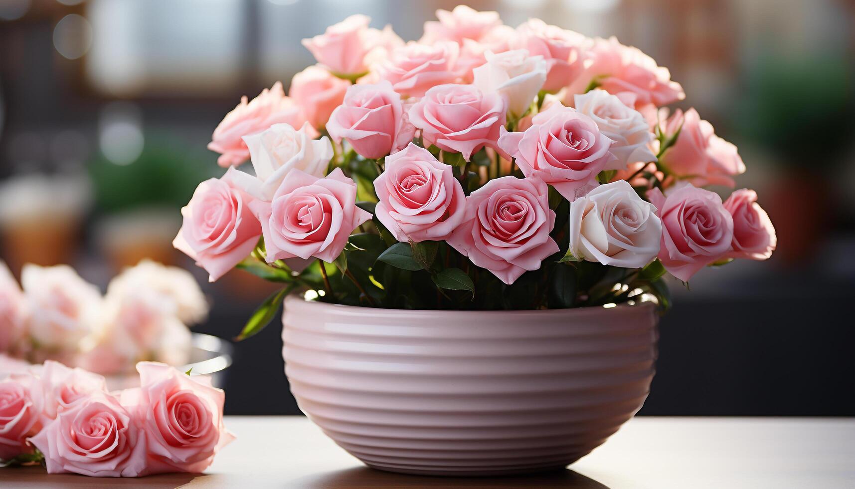 ai gerado uma lindo Rosa ramalhete decora a de madeira mesa gerado de ai foto