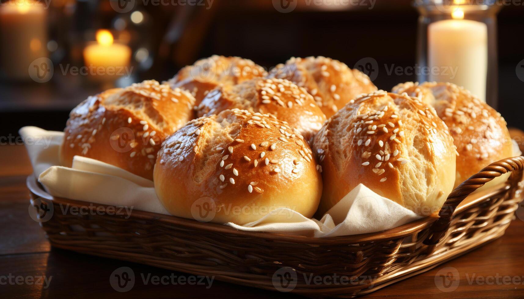 ai gerado recentemente cozido pão em de madeira mesa, uma gourmet lanche gerado de ai foto