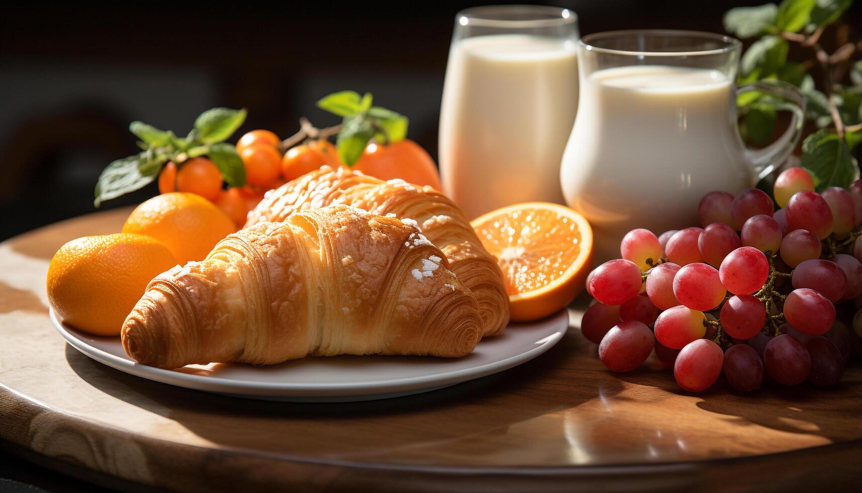 ai gerado fresco croissant e fruta em de madeira mesa, saudável e delicioso gerado de ai foto