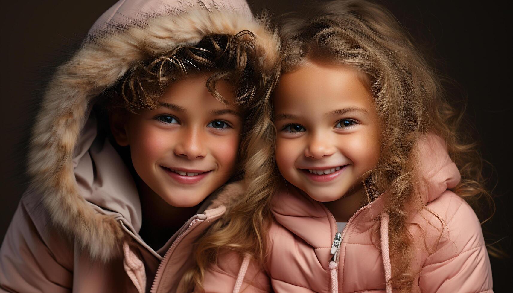 ai gerado dois alegre crianças, irmãos, sorridente e olhando às Câmera gerado de ai foto