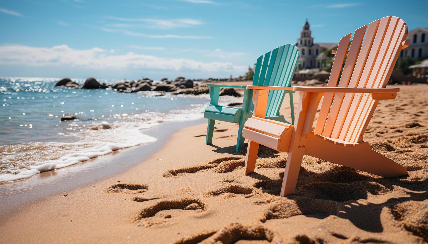 ai gerado relaxamento em a litoral, água borda, sentado dentro uma cadeira gerado de ai foto