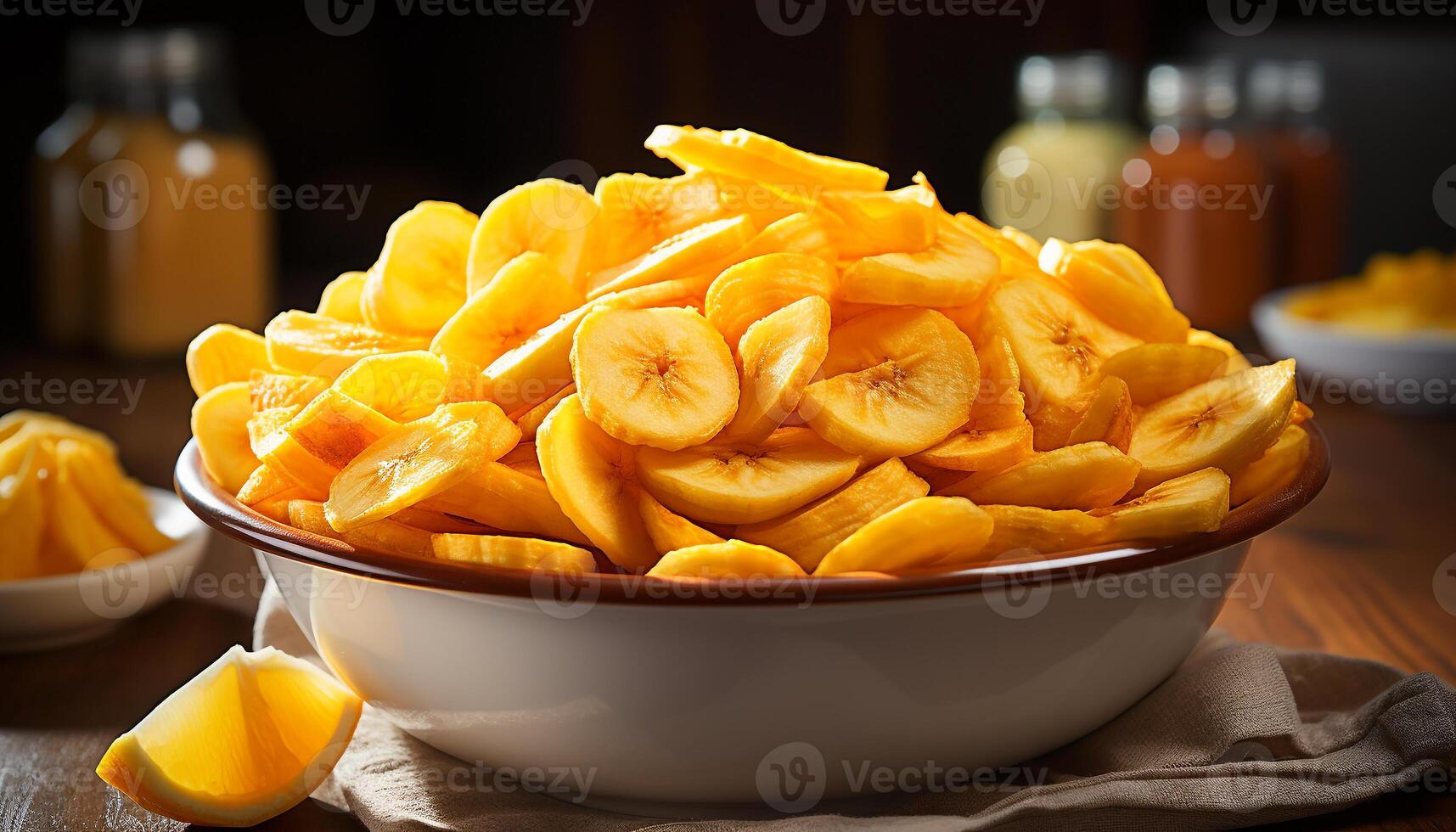 ai gerado fresco fruta tigela em de madeira mesa, uma saudável verão lanche gerado de ai foto