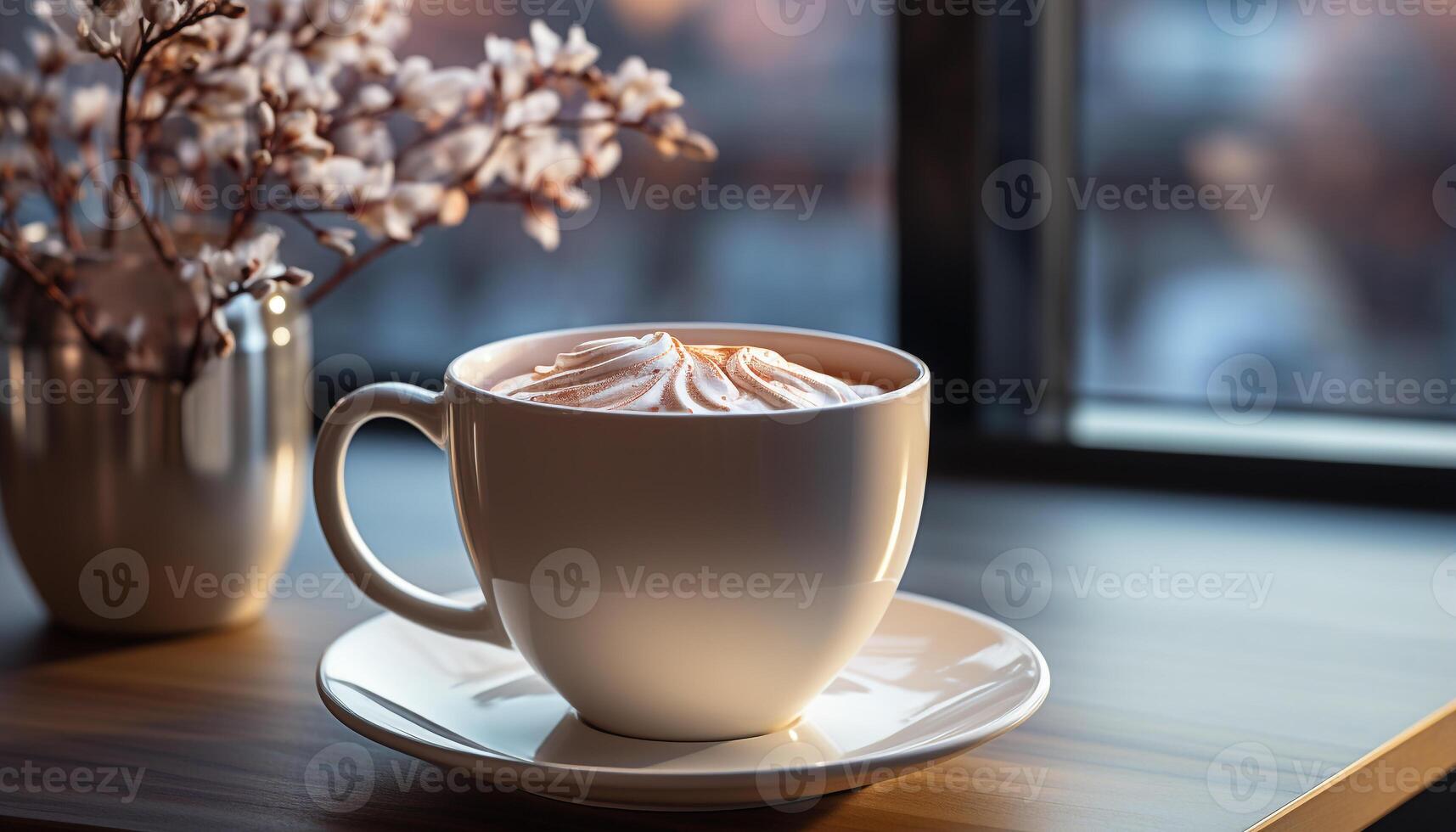 ai gerado fresco cappuccino em de madeira mesa, uma acolhedor café pausa às casa gerado de ai foto