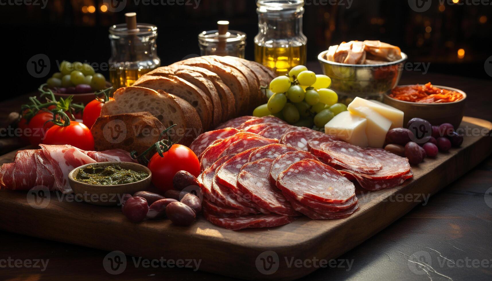 ai gerado rústico prato do gourmet Delicatessen prosciutto, salame, pão, tomate gerado de ai foto