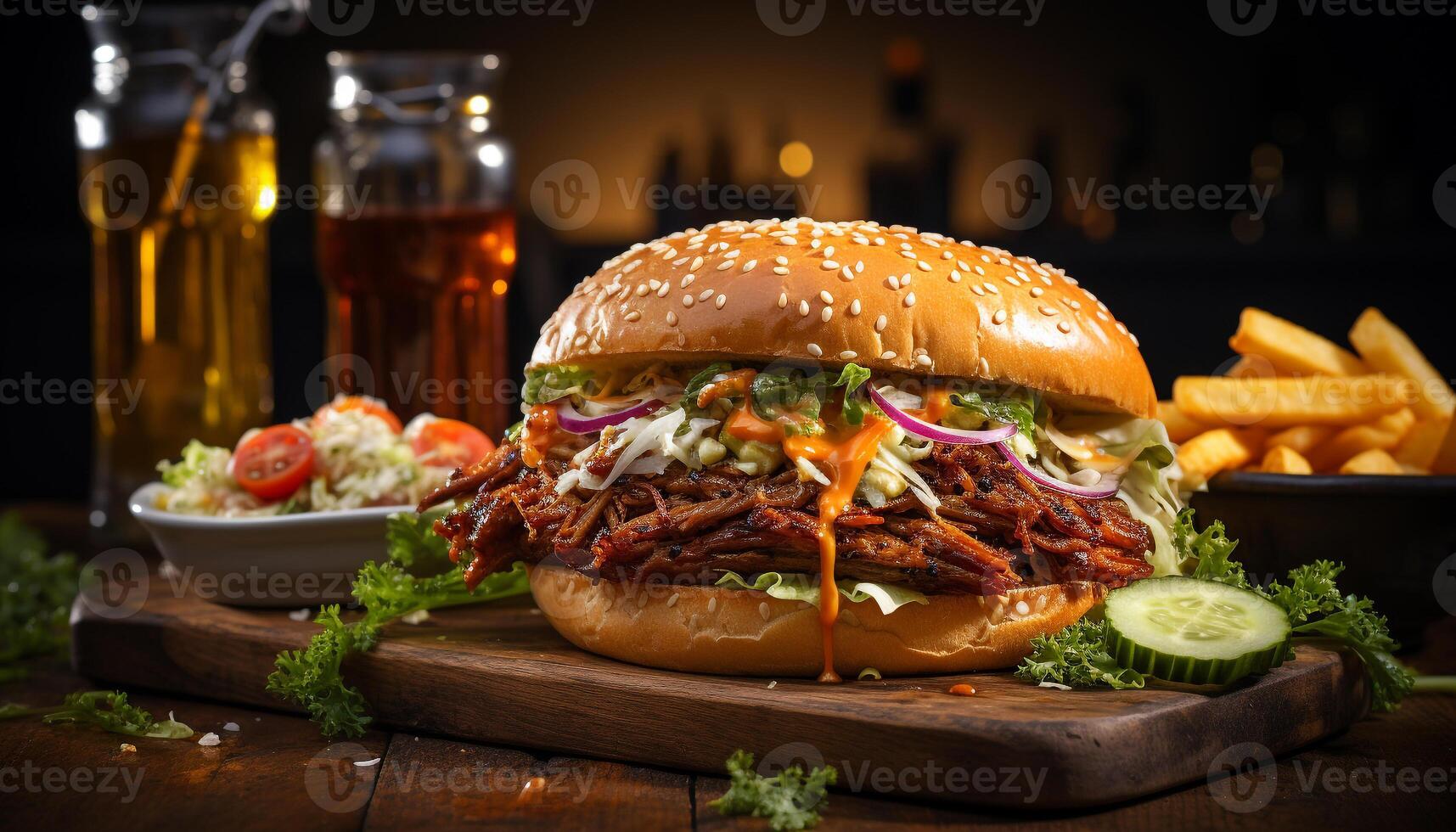 ai gerado gourmet puxado carne de porco sanduíche com salada de repolho, grelhado carne, e fritas gerado de ai foto