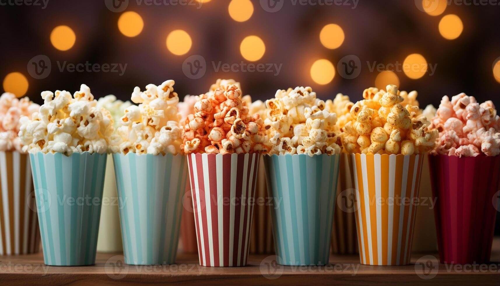 ai gerado uma ampla listrado balde do lanches e bebidas dentro uma filme teatro gerado de ai foto