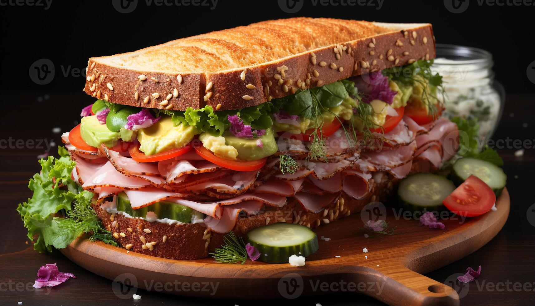 ai gerado uma gourmet sanduíche com fresco carne, vegetais, e ciabatta pão gerado de ai foto