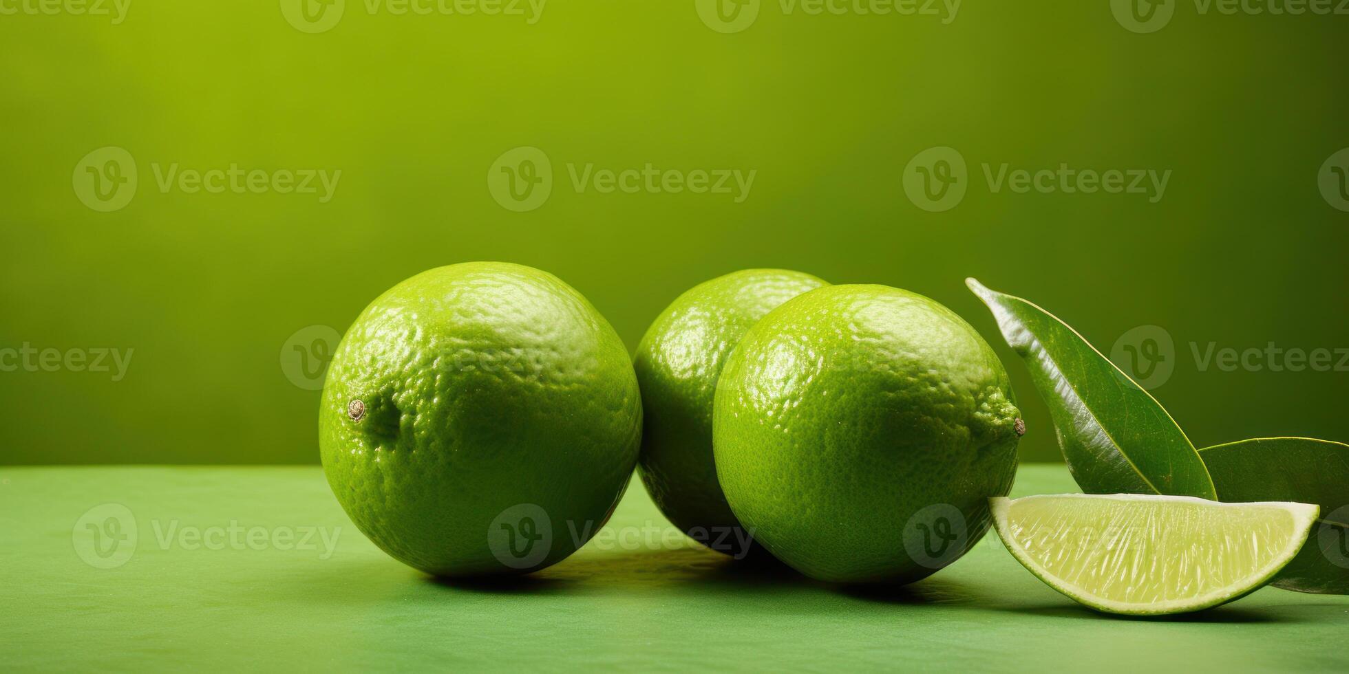 ai gerado três todo limas com uma fatia e folhas em verde fundo. fresco citrino frutas. generativo ai foto