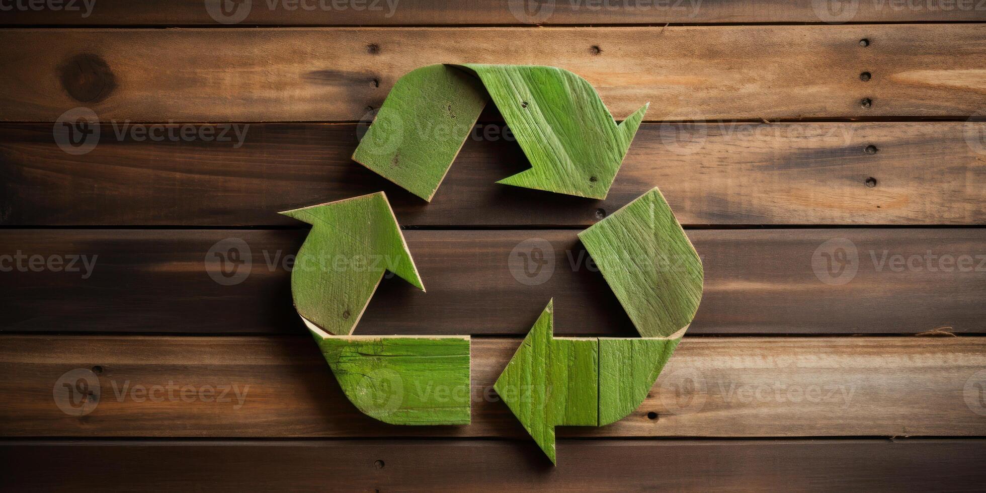 ai gerado verde reciclar símbolo em de madeira fundo. generativo ai foto