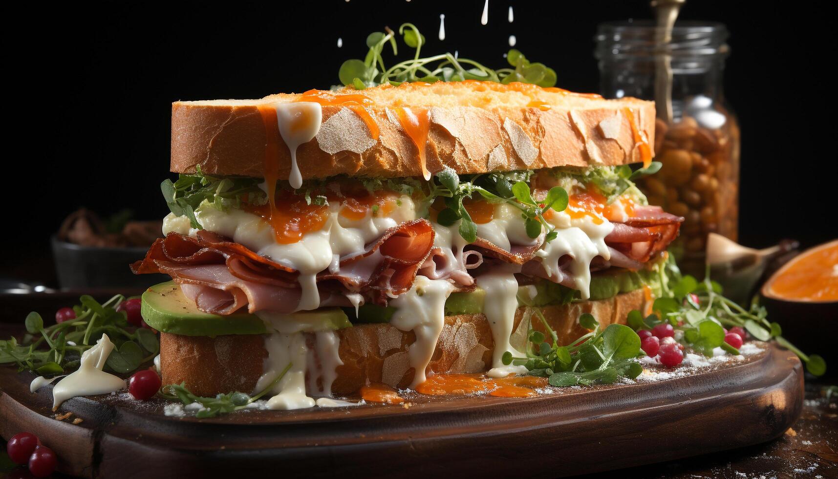 ai gerado frescor e gourmet carne em uma grelhado sanduíche, uma delicioso almoço gerado de ai foto