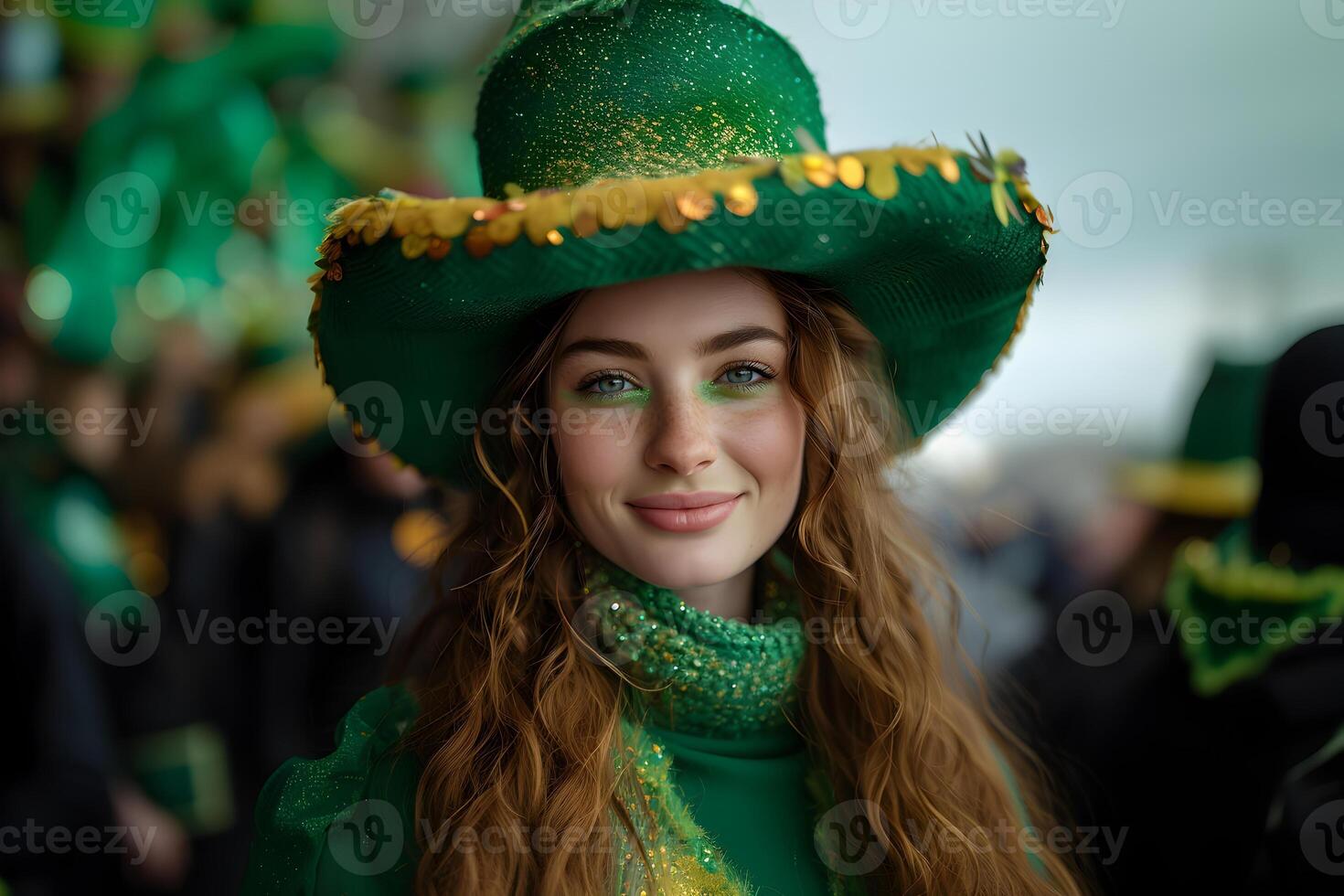 ai gerado uma pequeno jovem mulher dentro a santo patrick's dia fantasia, a comemorar a carnaval dentro honra do nacional irlandês feriado, Irlanda festival em borrado fundo. st. patrick's dia conceito. foto