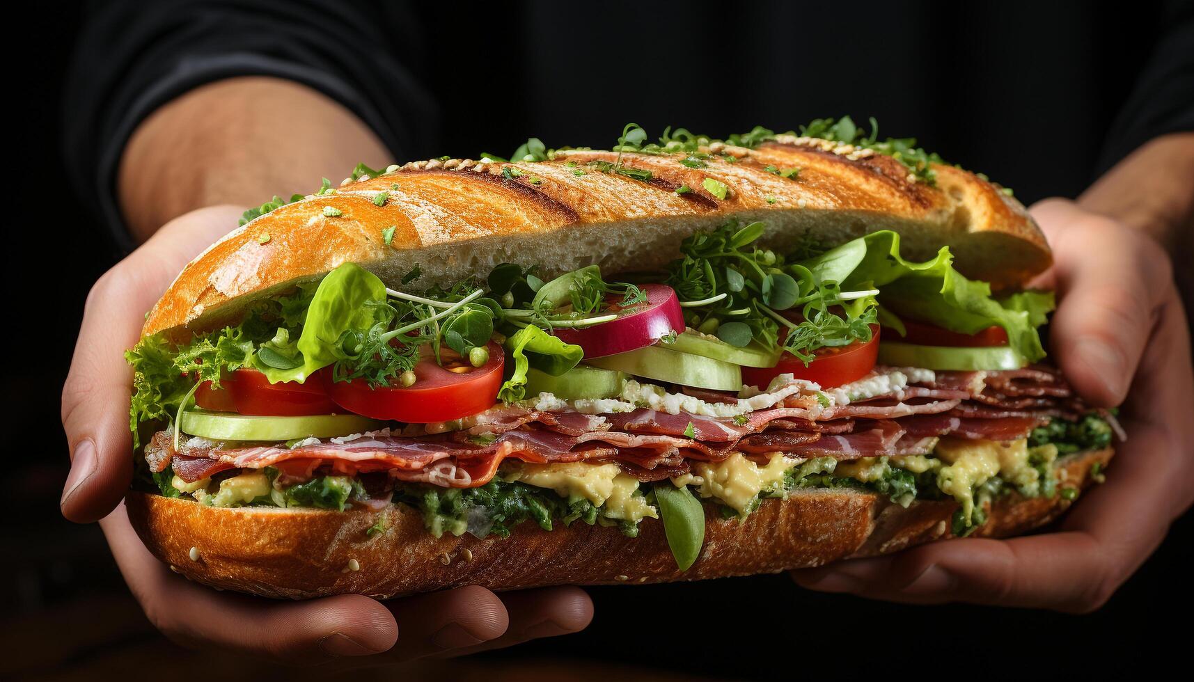 ai gerado frescor em uma prato grelhado carne sanduíche com salada gerado de ai foto