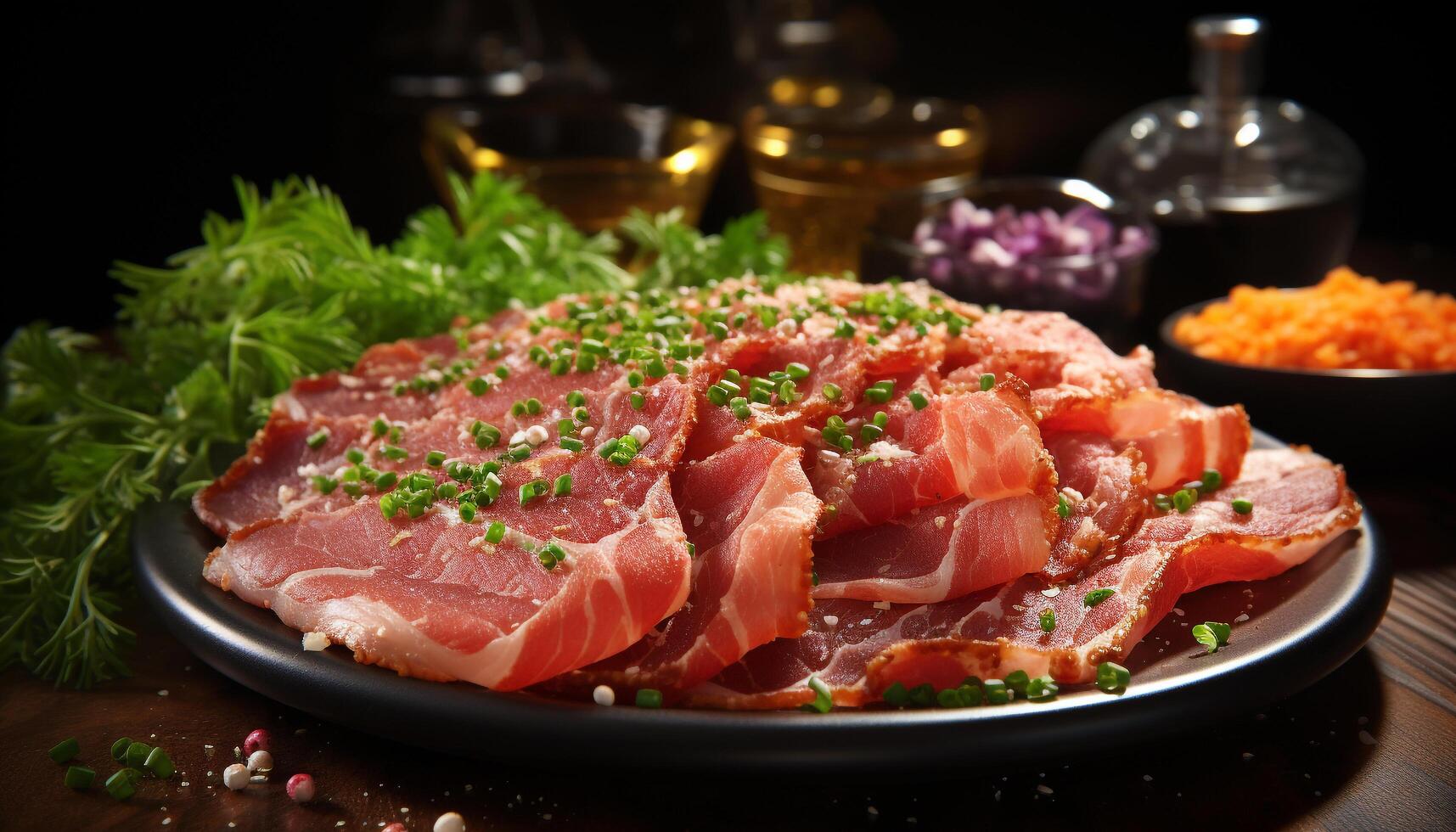 ai gerado uma gourmet almoço fresco carne de porco filé em rústico madeira gerado de ai foto