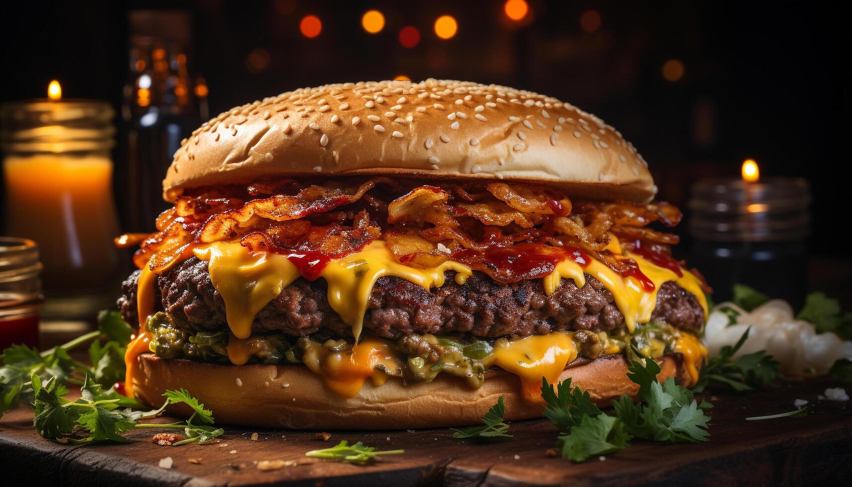 ai gerado grelhado hamburguer em pão, coberto com queijo, tomate, e cebola gerado de ai foto