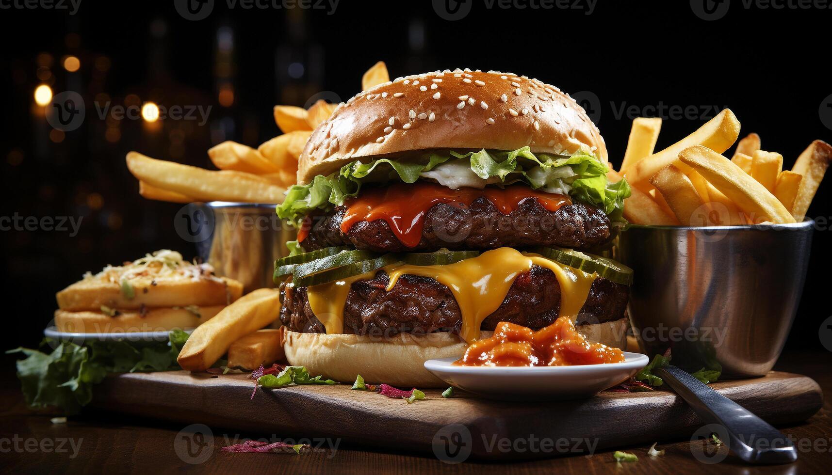 ai gerado gourmet Hamburguer de queijo com fritas, uma clássico americano velozes Comida gerado de ai foto