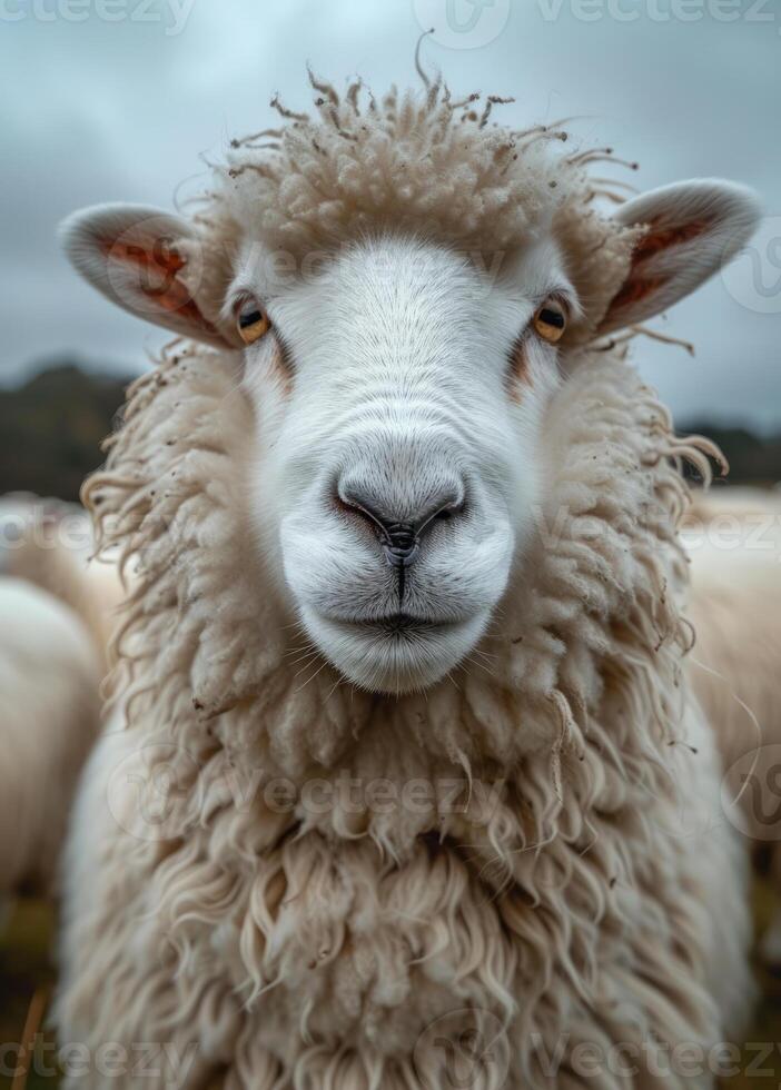 ai gerado ovelha parece às a Câmera. ovelha é em pé em uma verde campo foto