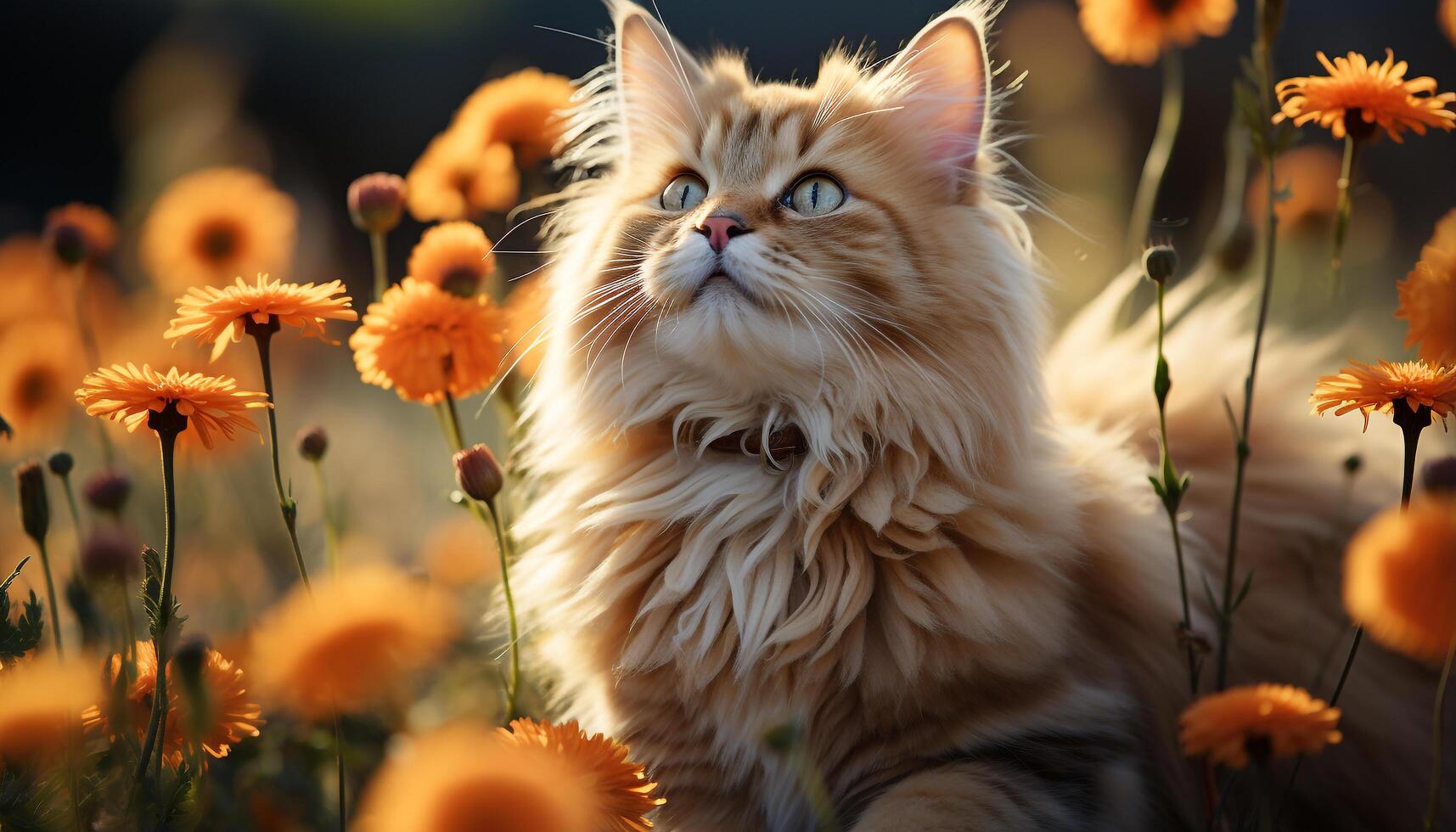 ai gerado fofa gatinho sentado dentro grama, cercado de amarelo flores gerado de ai foto