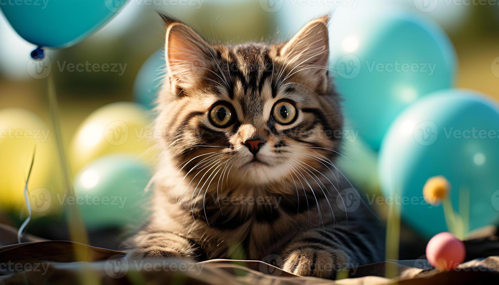 ai gerado fofa gatinho jogando com uma balão dentro a Relva gerado de ai foto