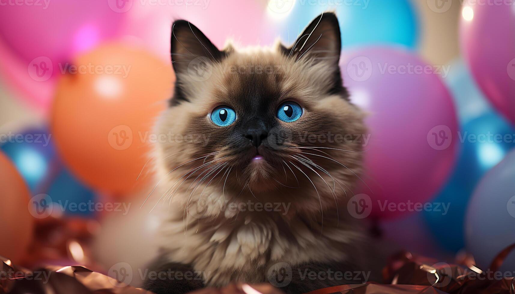 ai gerado fofa gatinho com azul balão comemora aniversário, brincalhão e Diversão gerado de ai foto