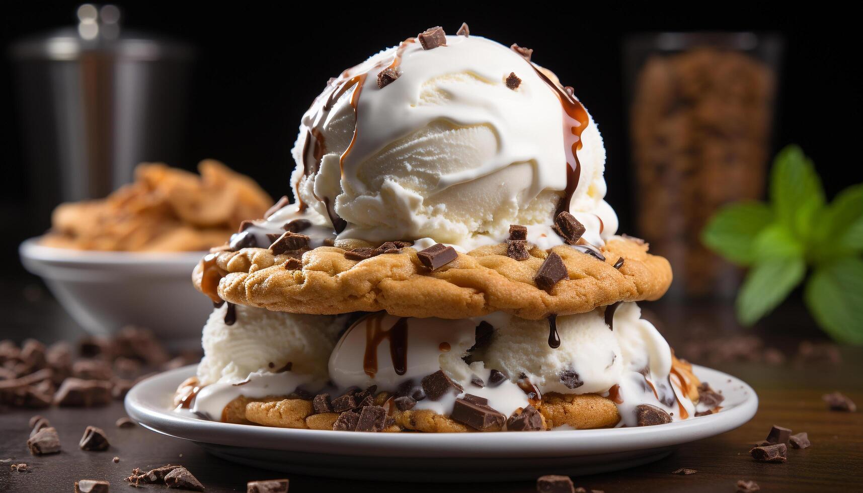 ai gerado caseiro chocolate doce de açúcar bolo com açoitado creme e caramelo molho gerado de ai foto