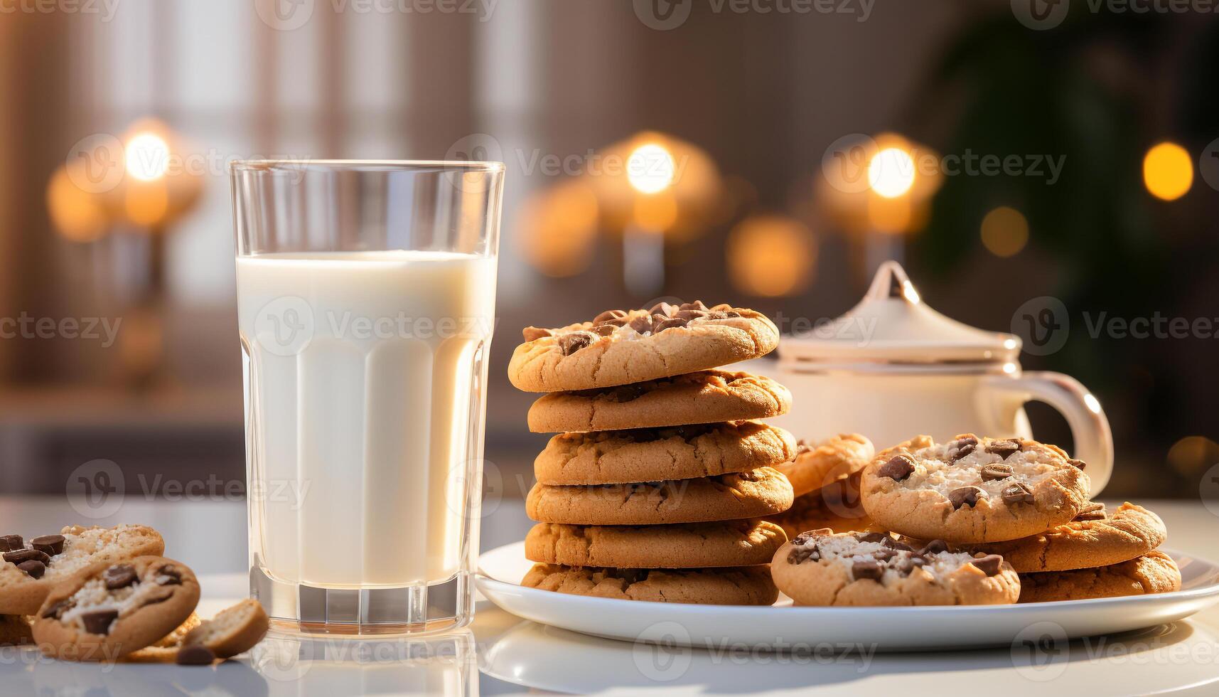 ai gerado caseiro chocolate lasca biscoitos empilhado em rústico de madeira mesa gerado de ai foto