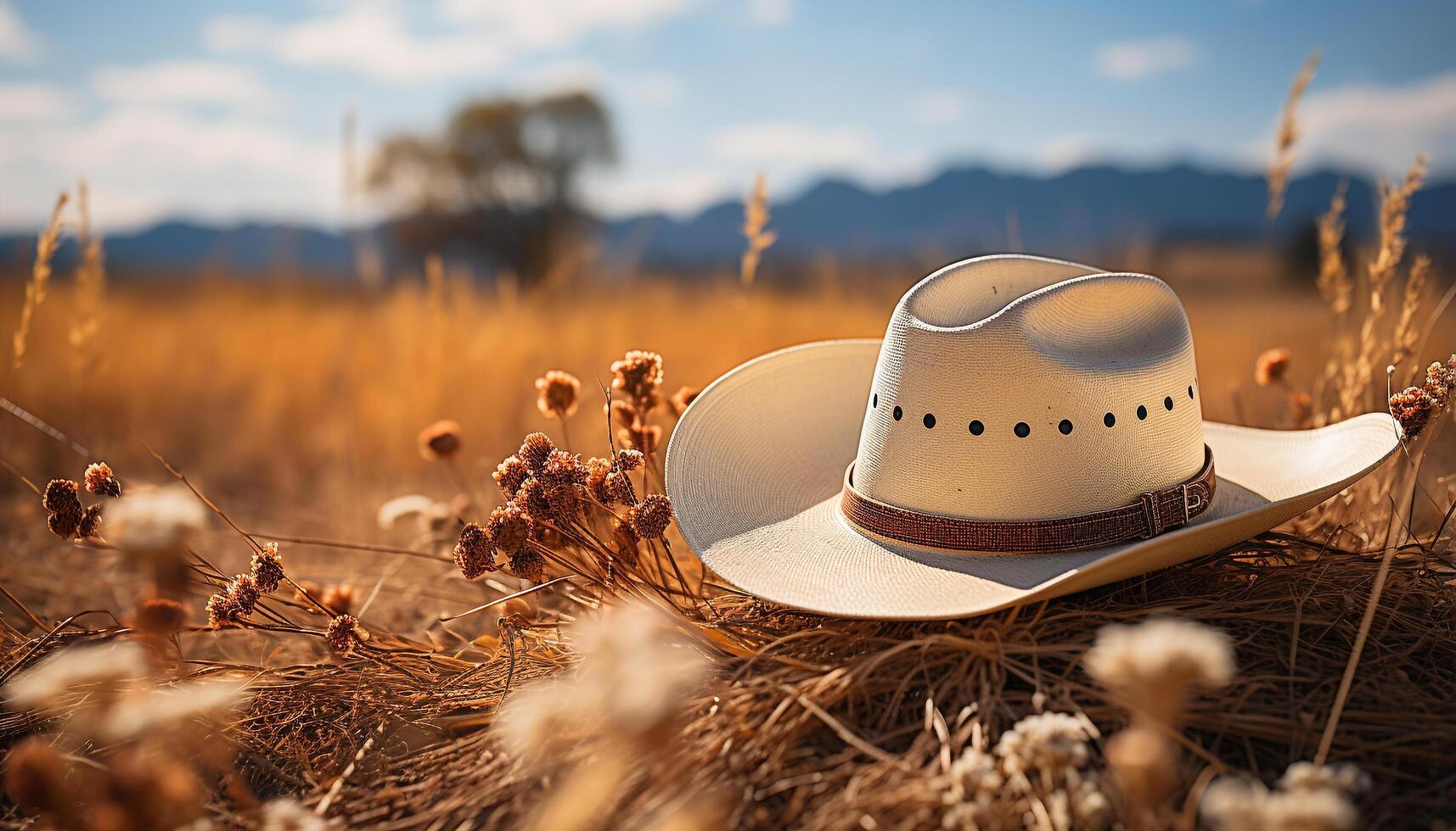 ai gerado pôr do sol sobre a rural Prado, uma vaqueiro dentro Palha chapéu gerado de ai foto