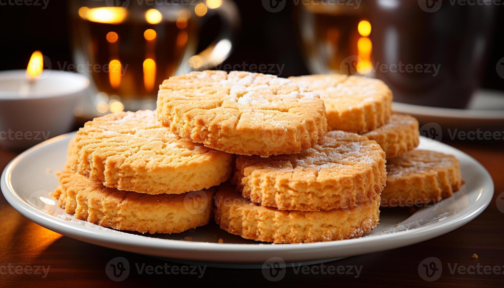 ai gerado recentemente cozido caseiro bolo seco friável biscoitos em uma de madeira prato gerado de ai foto