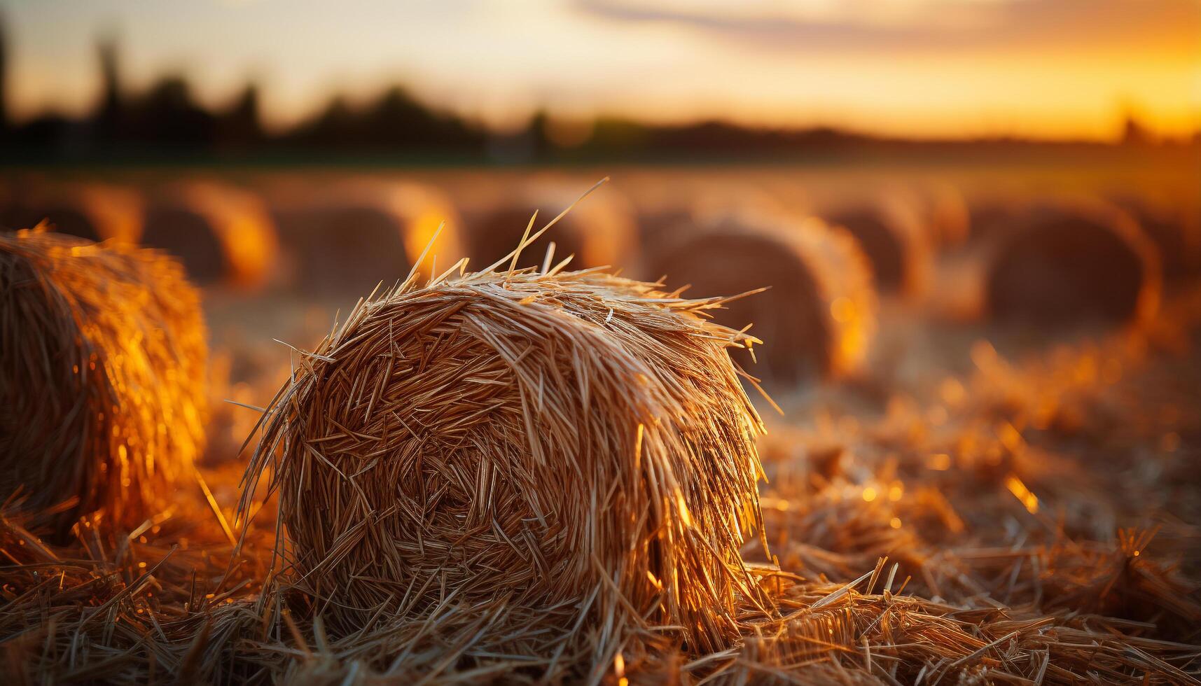 ai gerado dourado palheiros ponto a rural paisagem, uma colheita dentro movimento gerado de ai foto