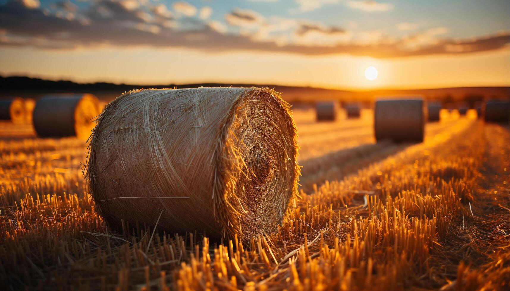 ai gerado pôr do sol sobre uma rural fazenda, dourado trigo colhido debaixo azul céu gerado de ai foto