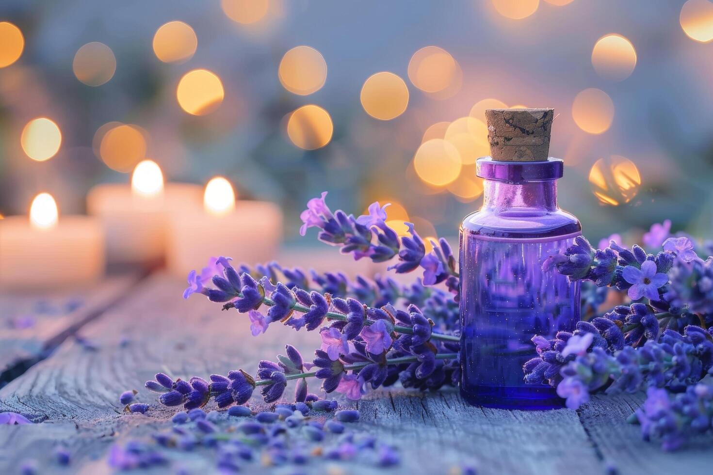 ai gerado lavanda óleo frasco no meio floresce e velas foto