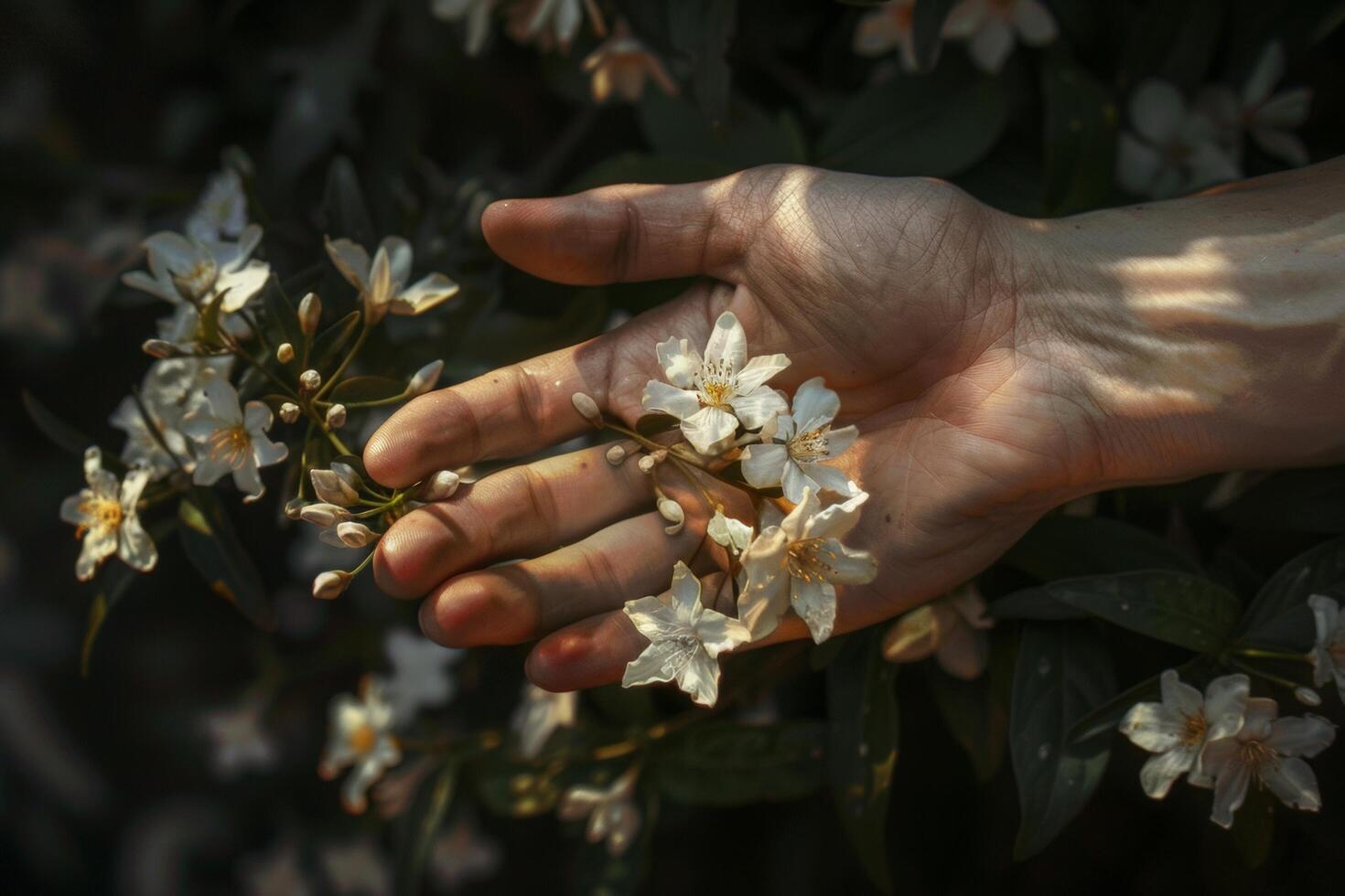 ai gerado mão segurando delicado jasmim flores foto