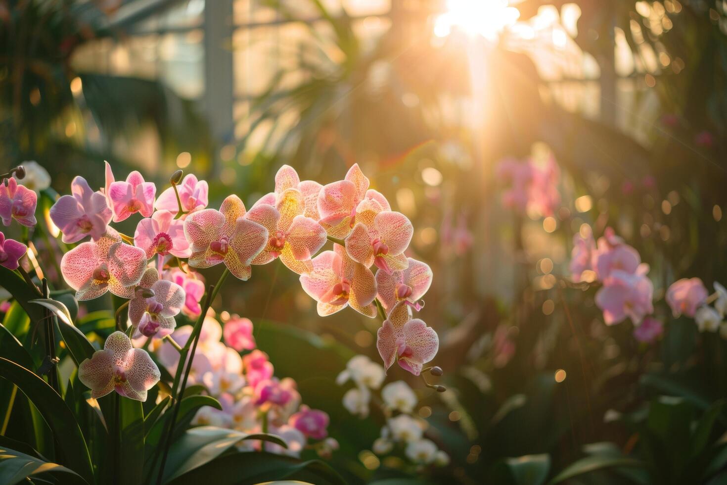 ai gerado pôr do sol brilho em Rosa orquídeas foto