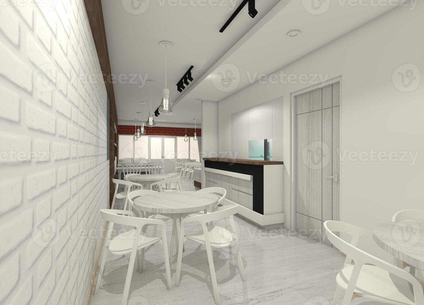 moderno restaurante Projeto com conjunto jantar mesa e parede decoração, 3d ilustração foto