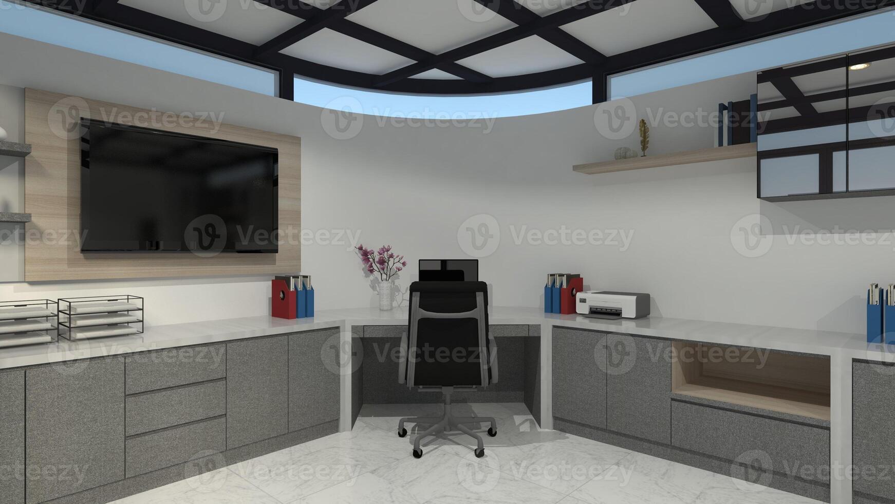 moderno interior escritório quarto Projeto com televisão gabinete e armazenamento compartimento, 3d ilustração foto