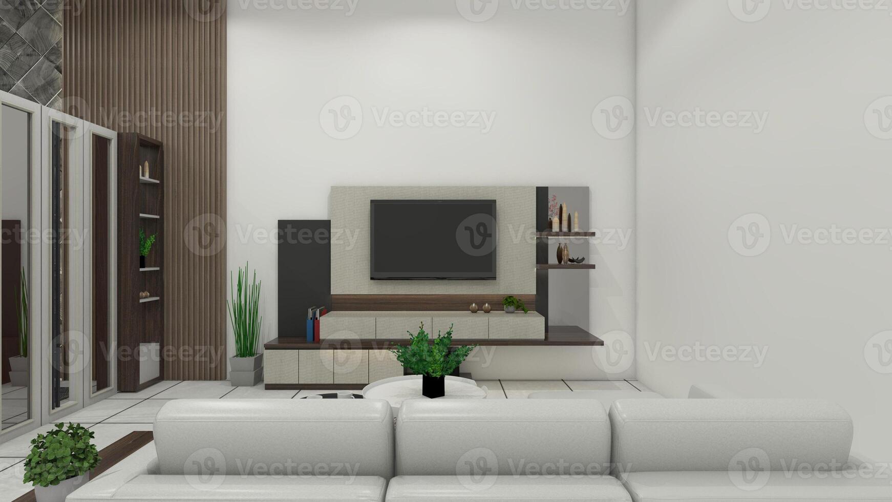 contemporâneo vivo quarto Projeto com de madeira televisão gabinete, 3d ilustração foto