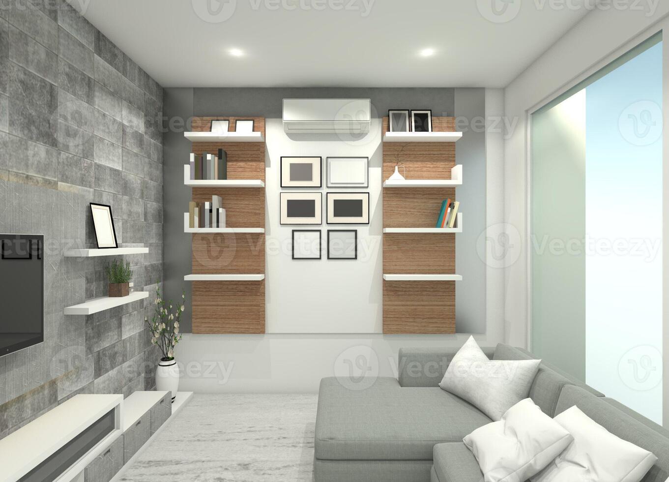 parede painel fundo e decoração com de madeira mobiliário para interior vivendo, 3d ilustração foto