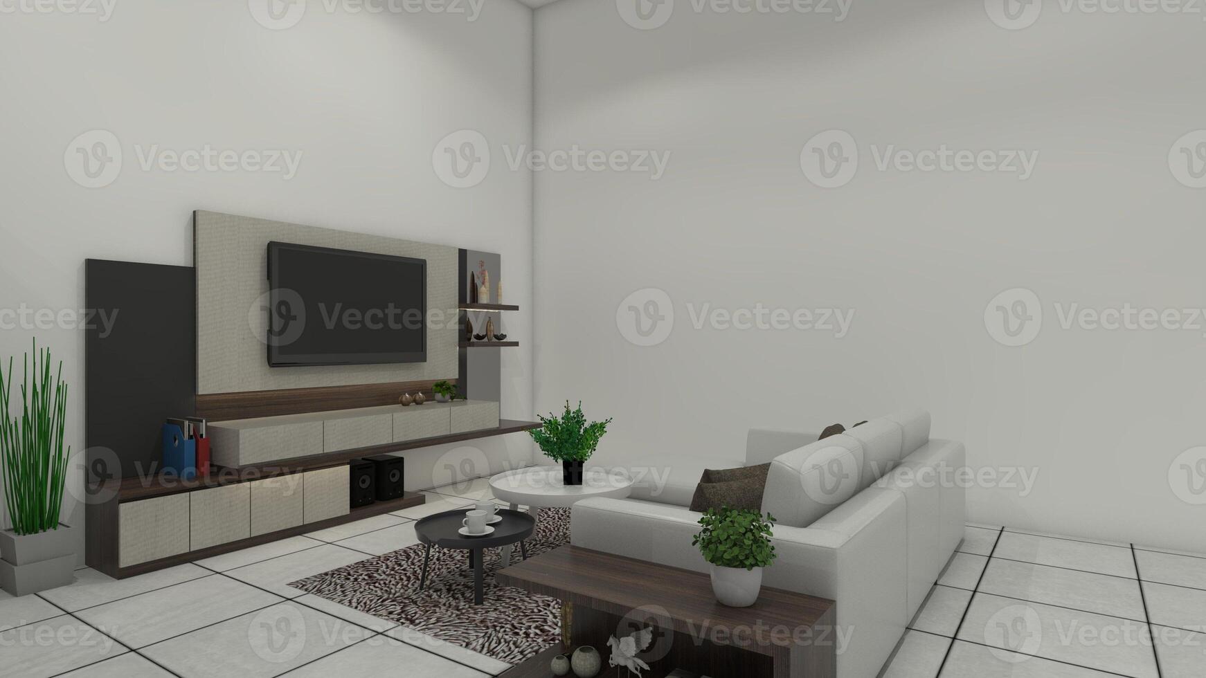 de madeira televisão gabinete e confortável sofá para interior vivo sala, 3d ilustração foto