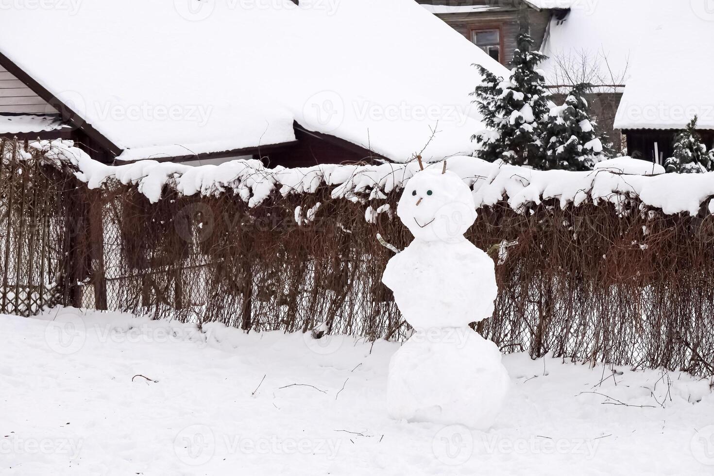 1 sorridente boneco de neve com engraçado face em pé em neve com uma casa e uma cerca coberto com sem folhas videiras do selvagem uvas foto