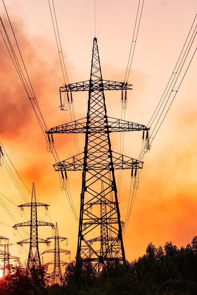 Alto Voltagem postes imponente sobre a árvores e arbustos. Sombrio torre silhuetas voltado para luz mindinho nuvens dentro a laranja céu. foto